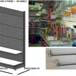 Scaffale negozio murale per blister  L 133, H 200 , Prof. 50 CM, base + 1 ripiano 20 ganci